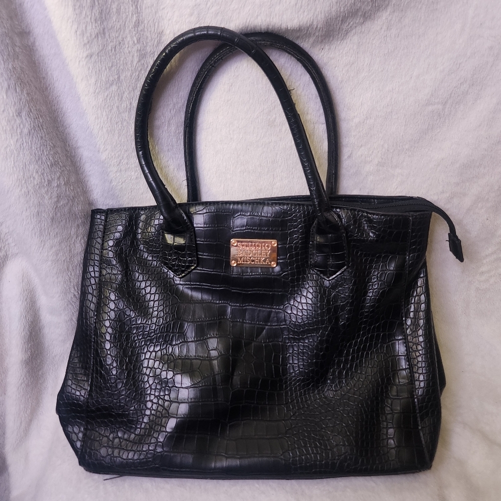 Studio Badgley Mischka Black Croc-Embossed Women's Shoulder Bag‎ Gold Hardware